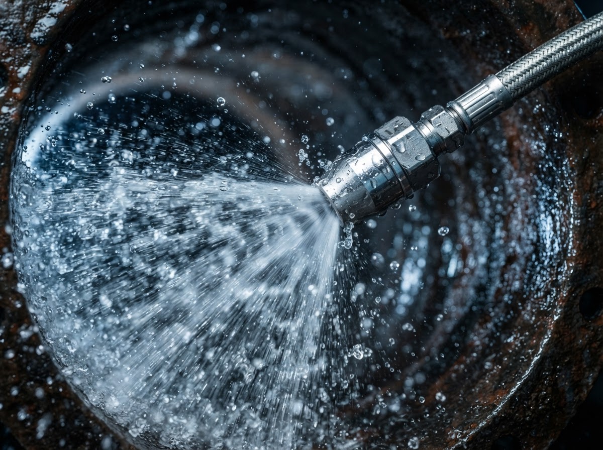 Hydro jetting nozzle spraying water inside a drain pipe