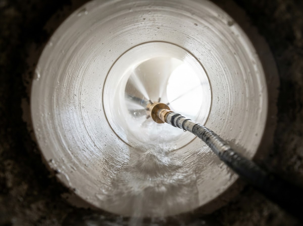 Hydro jetting hose and nozzle inside a clean drain pipe
