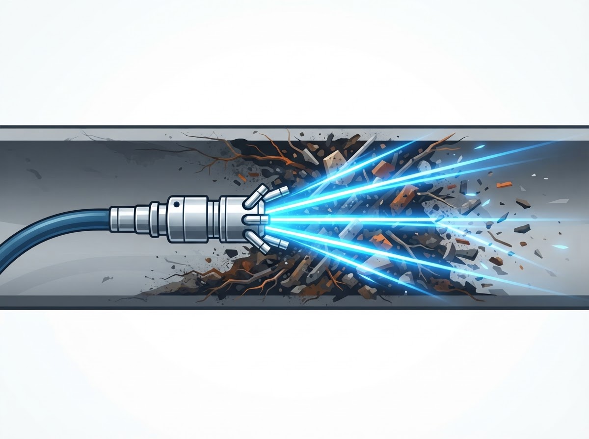 Illustration of a jetting nozzle clearing buildup from a drain line